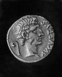 Portrait of Emperor Augustus, on the reverse side of a coin of Julia, daughter of Augustus